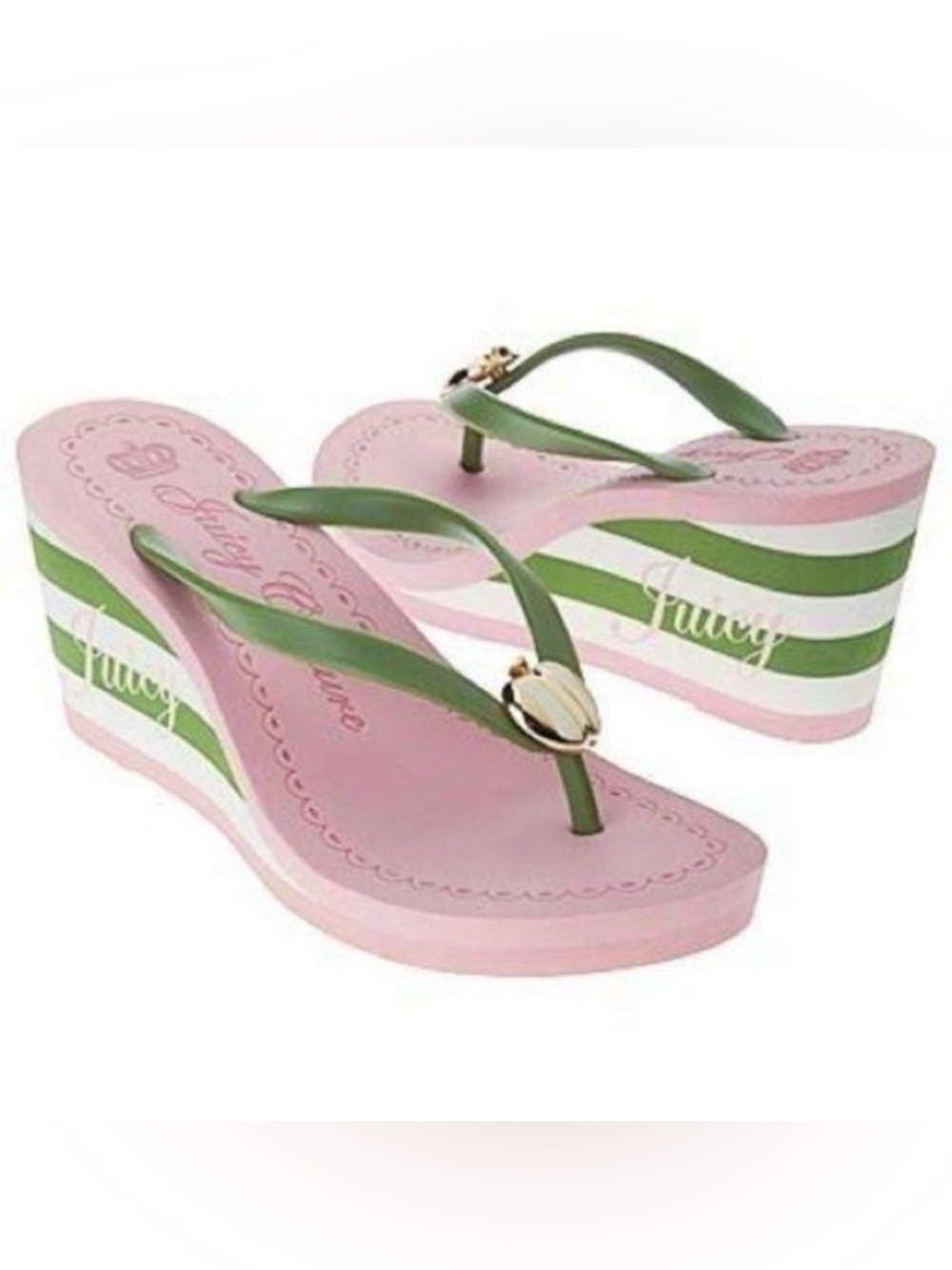 Juicy Couture Flips 8 green pink stripe super comfy platform wedge bikini pool